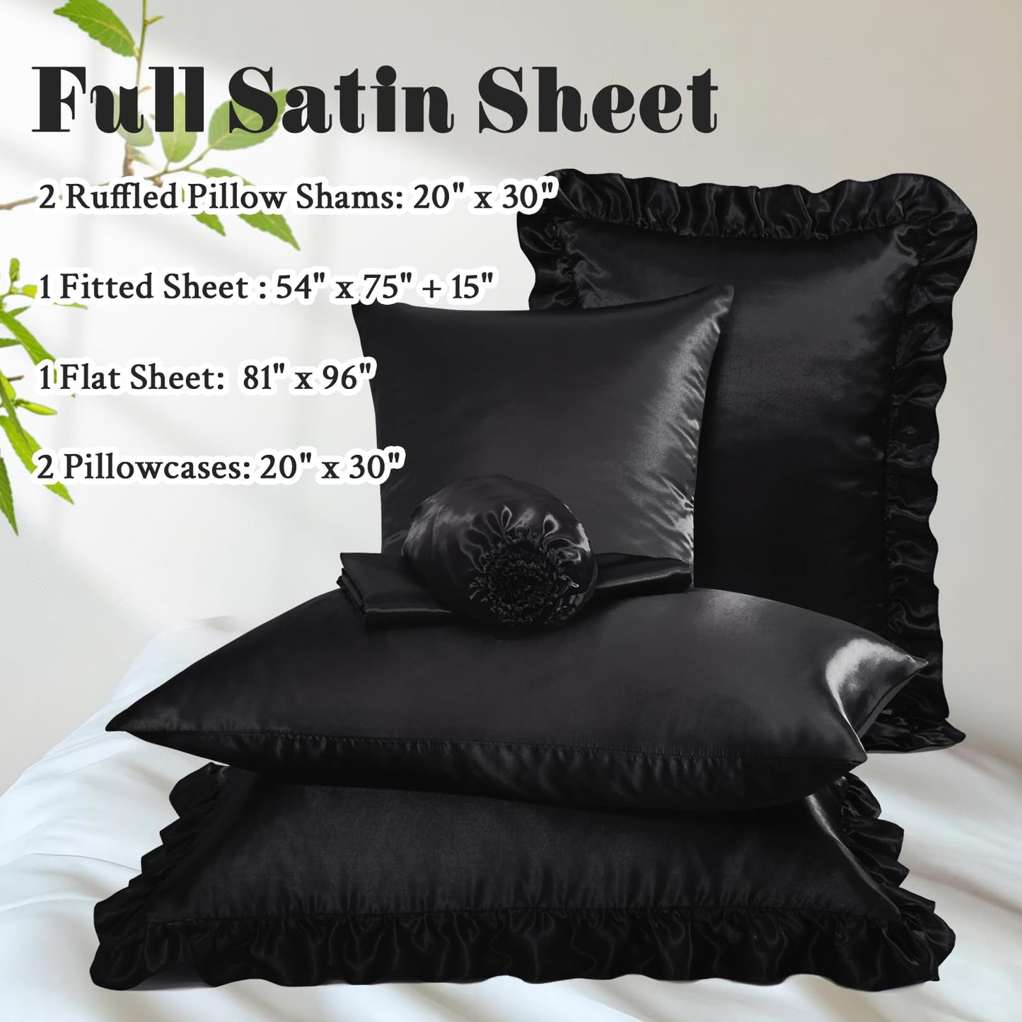 Homiest Ruffled Satin Sheets Full Size 6pc Set - Black Bed Sheet Set with 15 Inch Deep Pocket Fitted Sheet, 1 Flat Sheet, 2 Ruffled Pillow Shams & 2 Pillowcases, Similar to Silk Sheets
