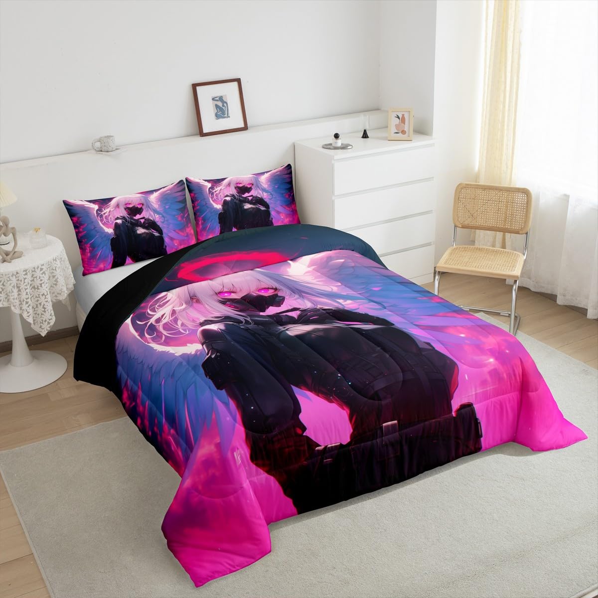 Erosebridal Twin Japanese Anime Comforter Set Anime Girl Bedding Set for Kids Girls Teens Men Bedroom, Cartoon Girl Quilt Kawaii Japanese Animation Duvet Insert 2 Piece with 1 Pillow Case