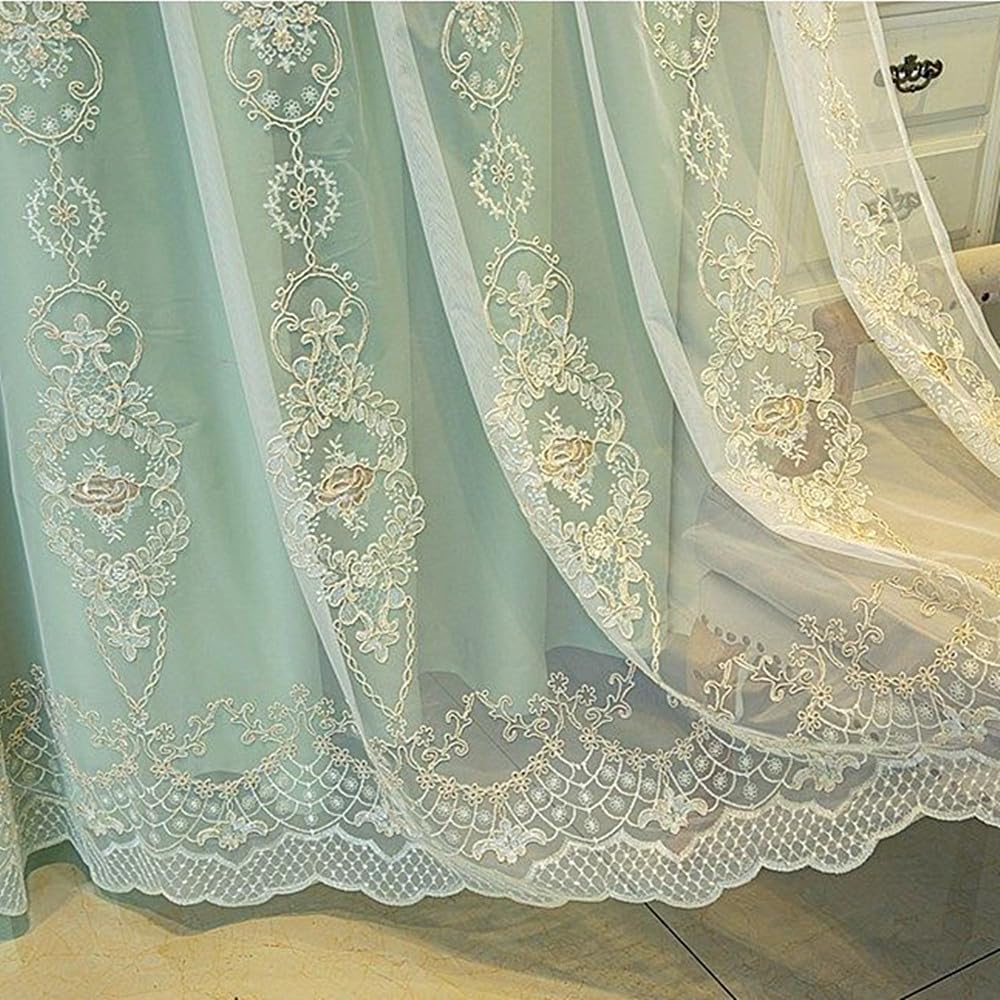 Amidoudou 1 Pair European Double Layer Curtains with Valances for Living Room Bedroom 3D Flower Embroidered Curtains (Green,63x95 Inch)