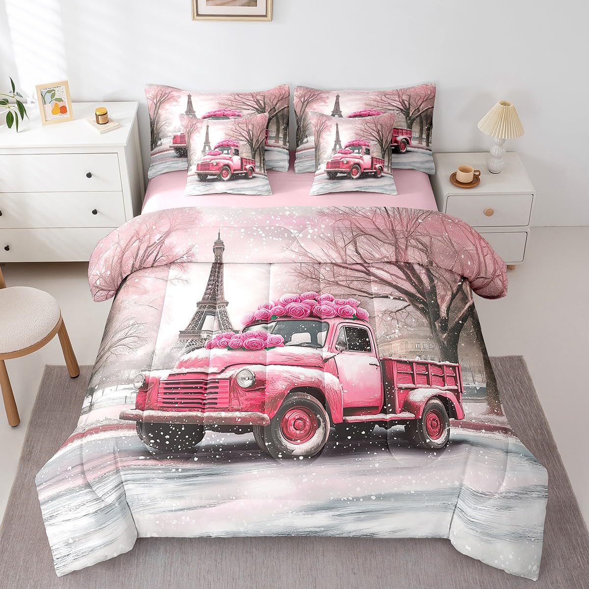 Erosebridal Valentine's Day 7 Piece Bedding Set Pink Roses Truck Car Comforter Set Full Size,Eiffel Towel Bed in A Bag for Kids Boys Girls Teen,Winter Snowflakes Trees Sheet Set with Comforter