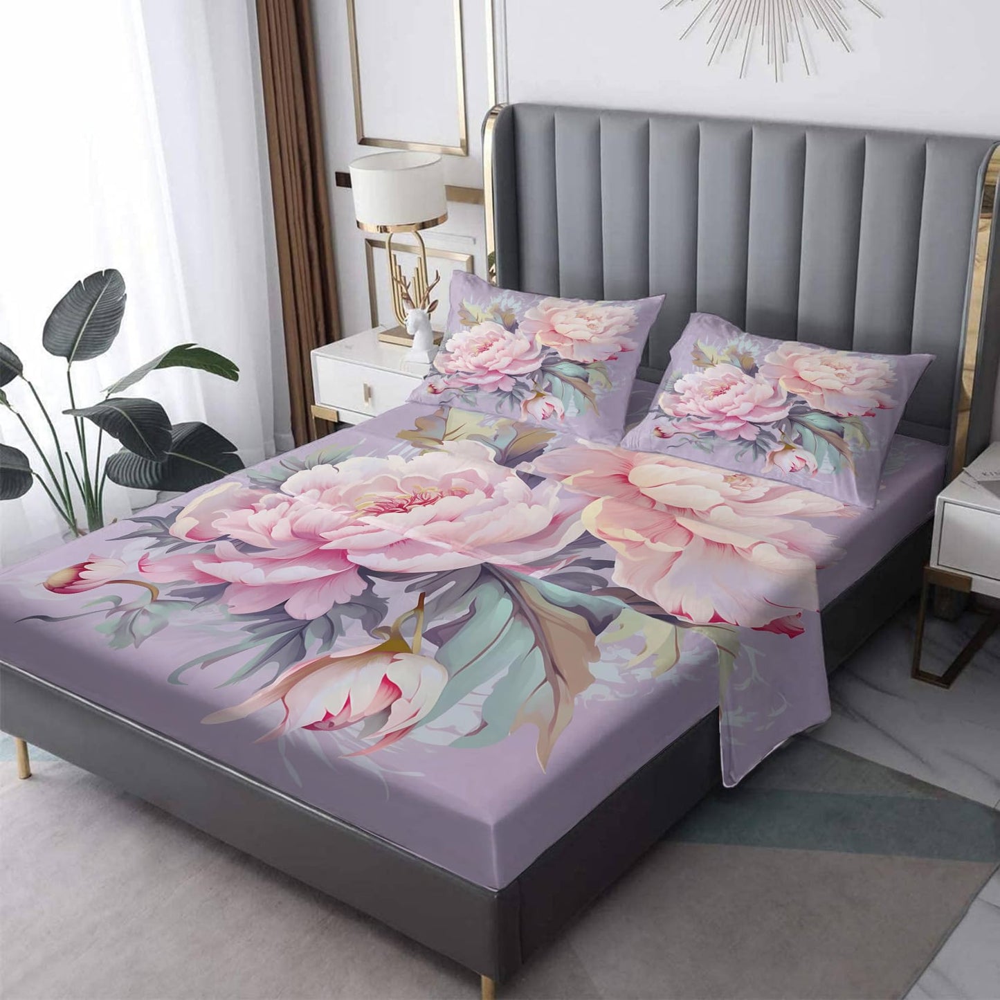 King Size Sheets Set - Peony Bed Sheets, Floral Bedding Sheets & Pillowcases, Soft Microfiber & Deep Pocket & Wrinkle Free Patterned Sheet Set, 4 Piece ( 1 Fitted Sheet, 1 Flat Sheet, 2 Pillow Cases )