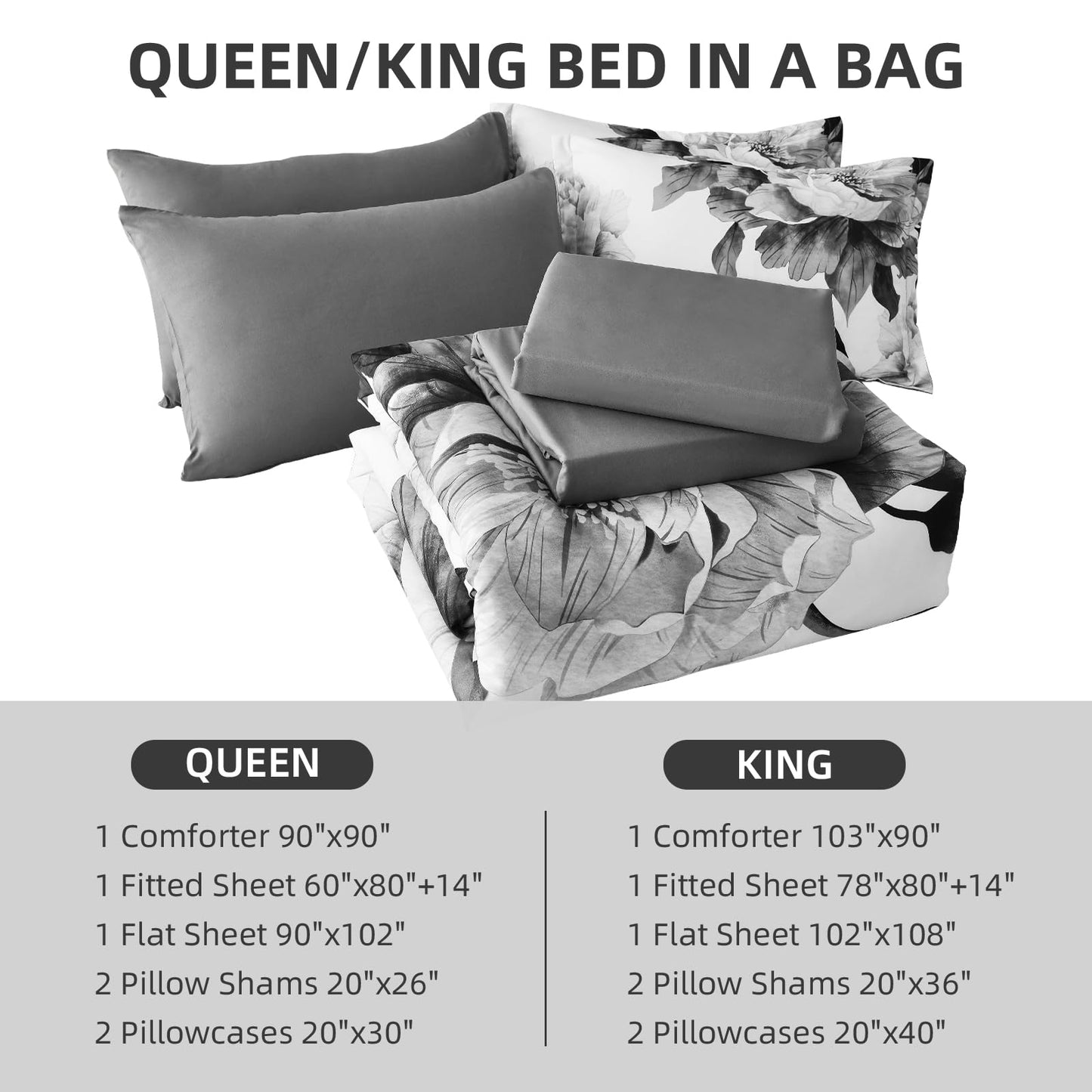 Dobuyly Grey Queen Comforter Set 7 Piece Bed in a Bag, Gray Floral Printed on White Comforter Set with Sheets, Soft Microfiber Botanical Farmhouse Bedding Set for All Season