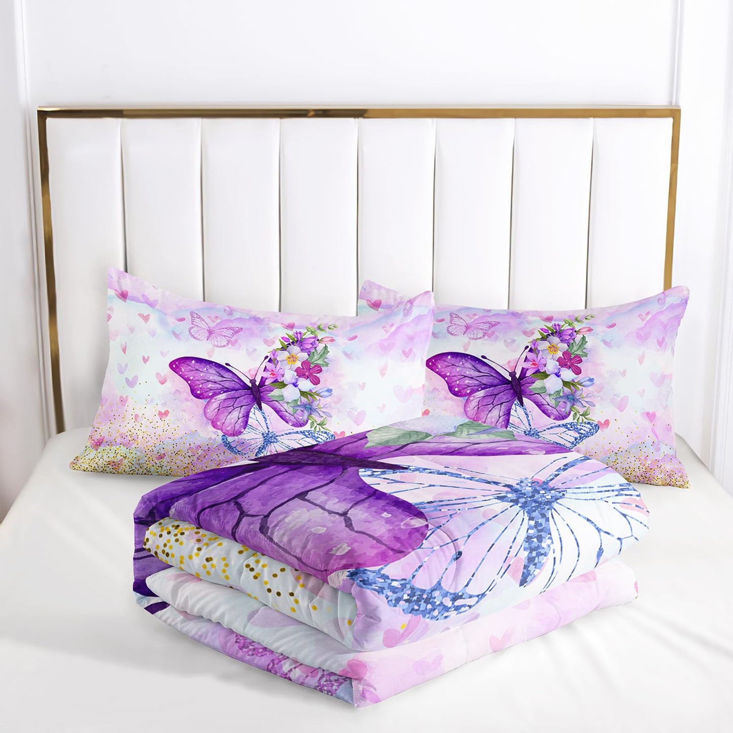 Nttopship Violet Butterfly Comforter Set 3 Pieces Bedding Set for Kids Teen Boys King Size ，Cute Flower Butterfly Bedding Set for Bedroom Soft Microfiber All Season 3pcs(1 Comforter & 2 Pillowcases)