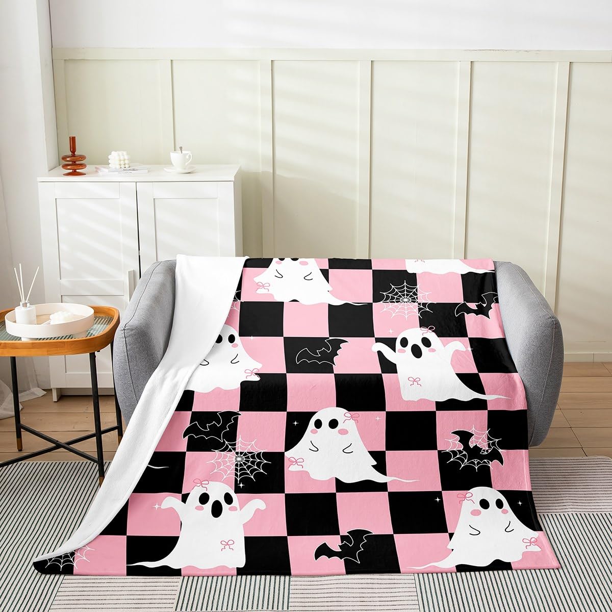 Erosebridal Black Pink Halloween Fleece Blanket Throw 50"x60" Kawaii Bowknot Ghost Flannel Blanket Gothic Spider Web Bat Fuzzy Plush Throw for Kids Boys Girls,Halloween Checkered Decor for Bed Couch