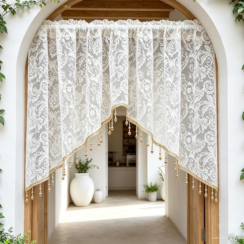 Luxury Victorian Floral White Lace Swag Valance for Arched Door