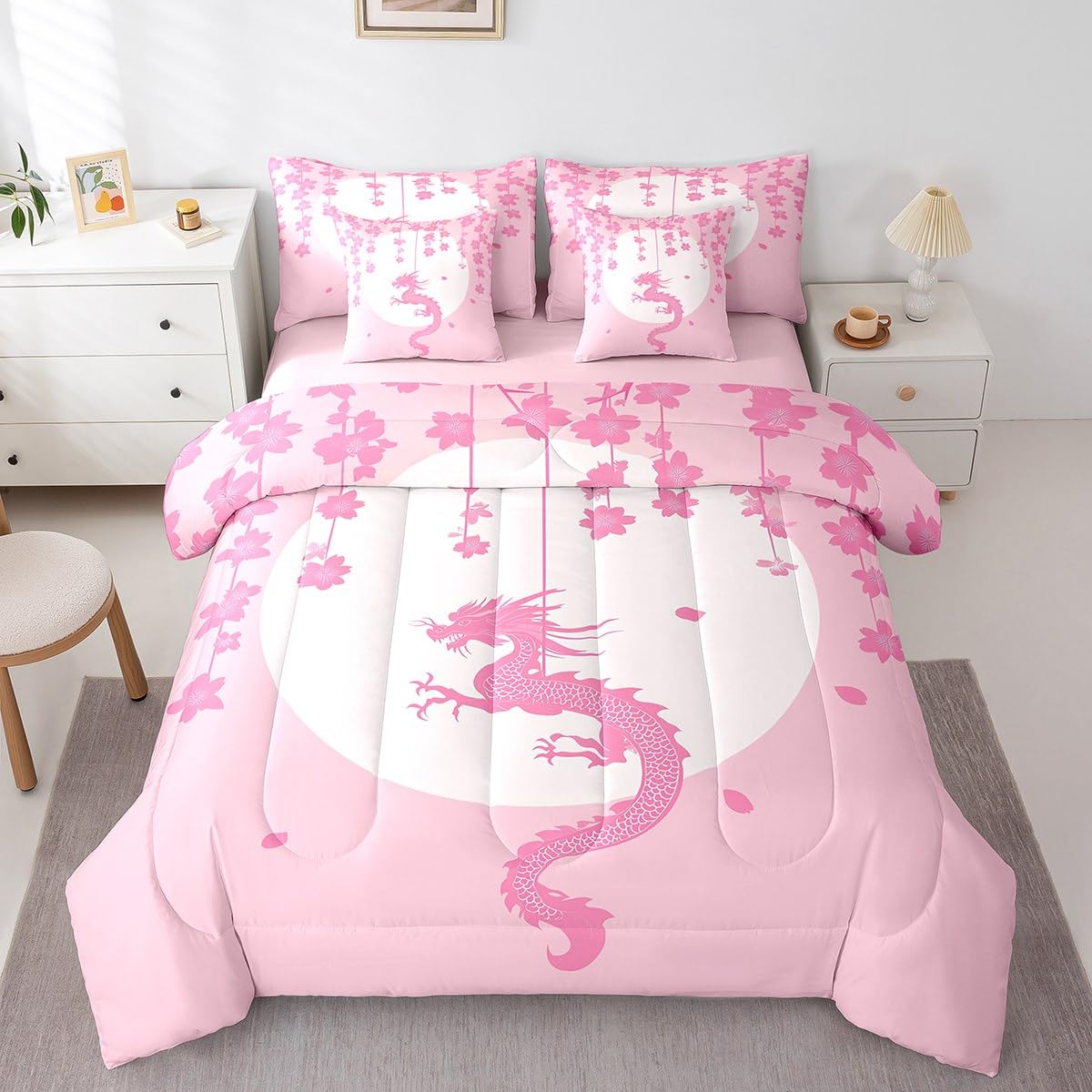 Erosebridal Pink White Kawaii Bedding Set for Kids Girls Teen Women,Fantasy Animal Dragon King Comforter Set 7 Piece Magical Wildlife Bed in A Bag Aesthetic Romantic Cherry Blossom Bed Set