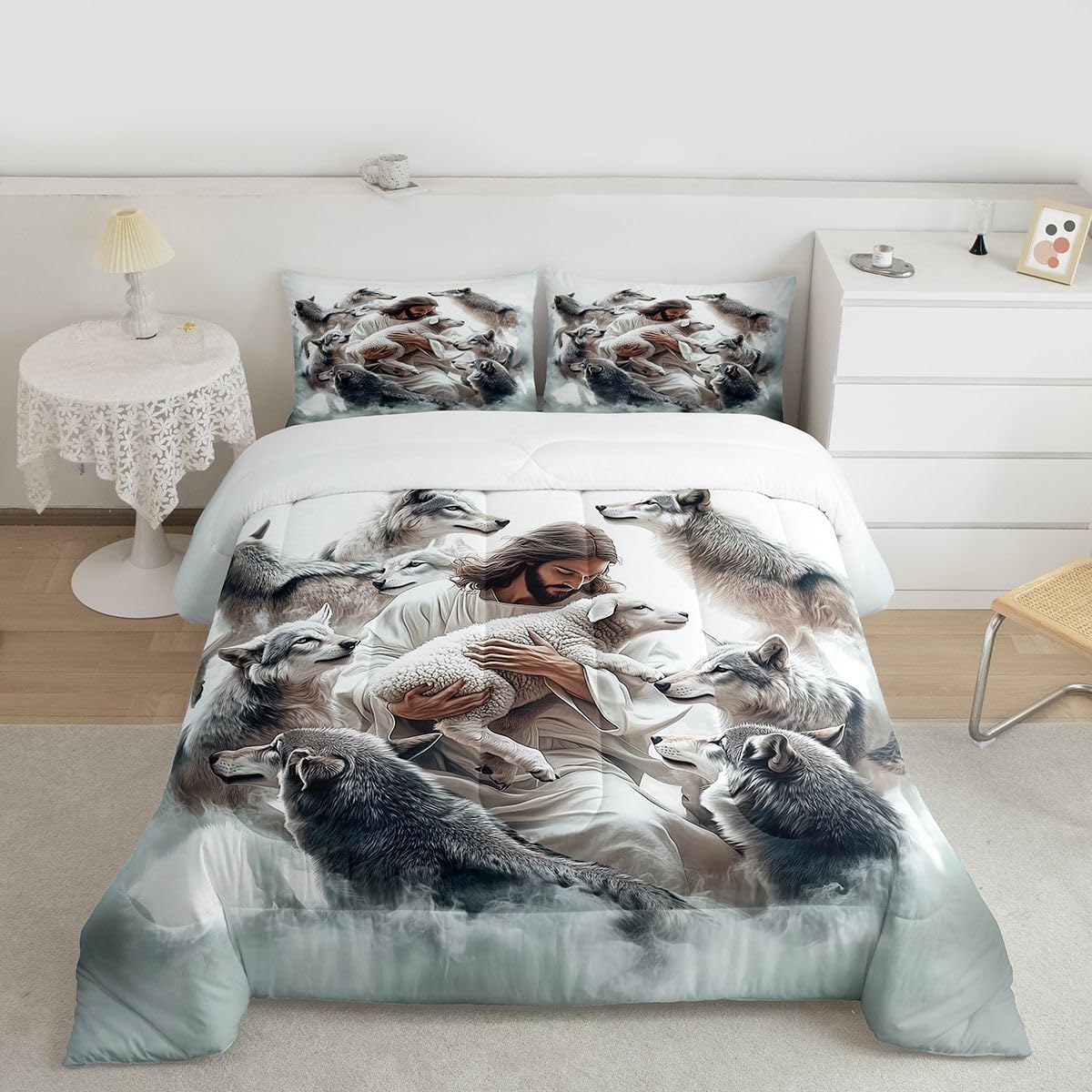 God and Lamb Kids Comforter Set Twin Size,Saving the Lost Sheep Western Bedding Set Boy Girl Room Decor,Bible Verse Spiritual Quilt Comforter,White Gray Duvet Set Bedroom Quilt Set,1 Pillowcase