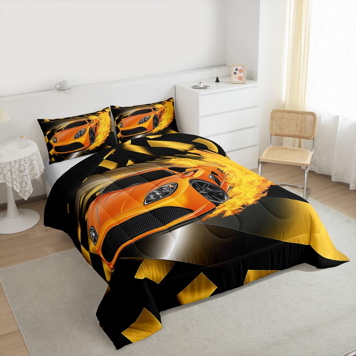Erosebridal Boys Race Car Comforter Set, Cool Speed Sports Car Bedding Set Twin Size for Kids Teens Adult Men, Extreme Sport Quilted Duvet Automobile Checkered Duvet Sets for Bedroom