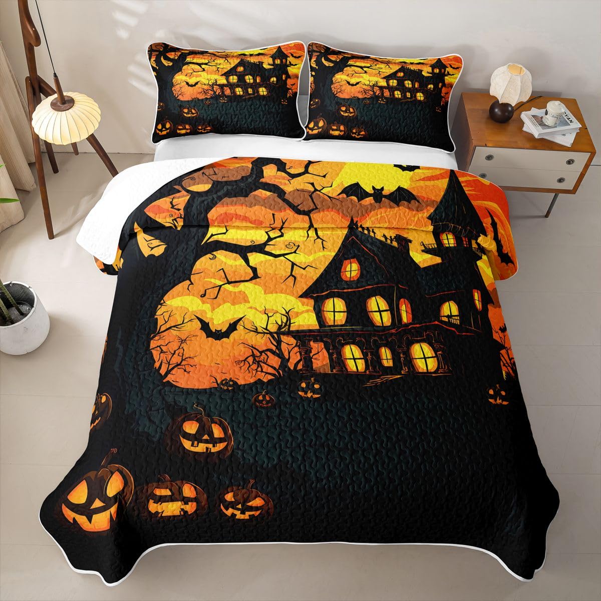 Feelyou Pumpkin Castle Bat Quilt Set 3 Pieces Queen Size Gothic Horror Quilted Bedding for All Season Happy Halloween Kids Boys Girls Bedspread Coverlet Set with 2 Pillowcases