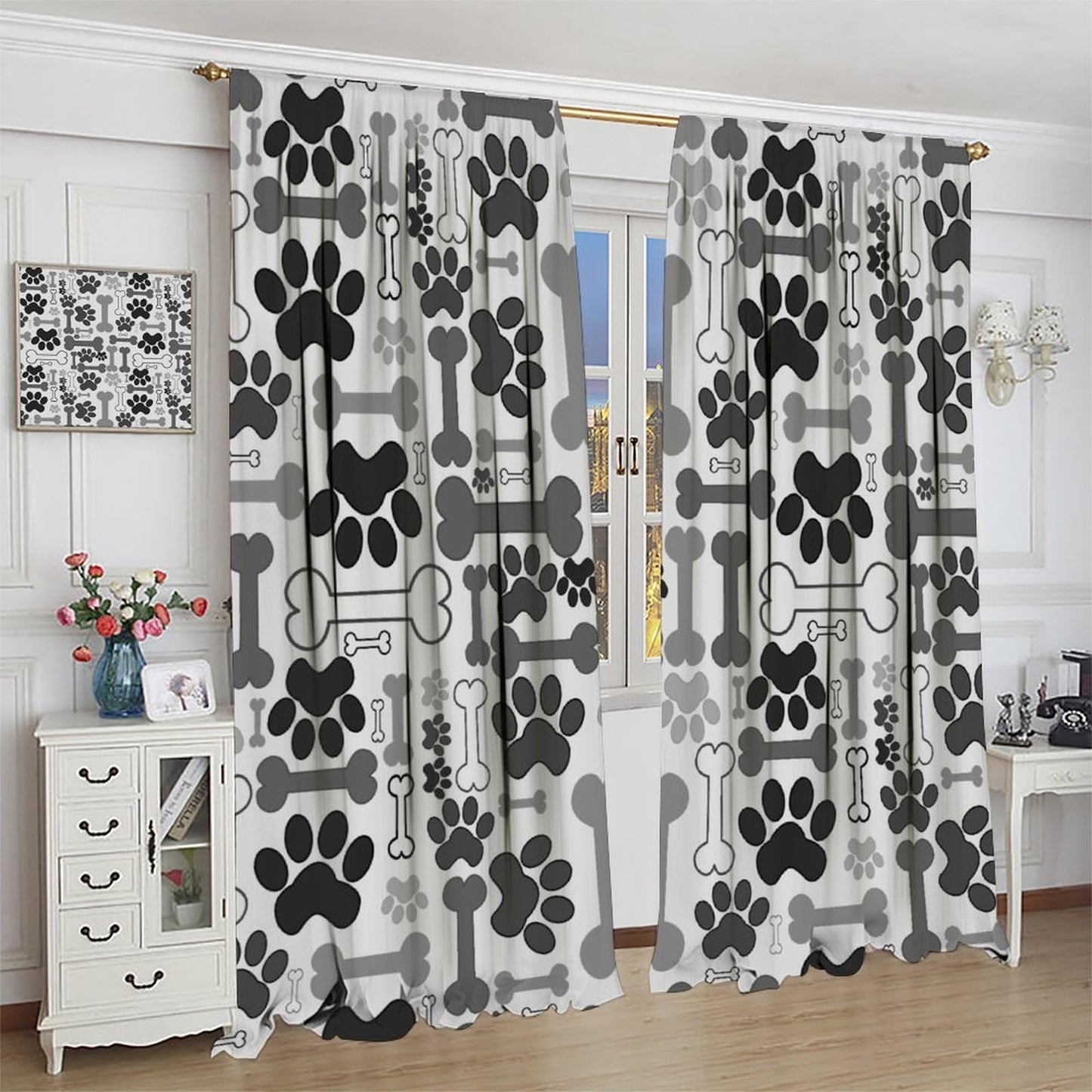 Yearn Jear Dog Paw Print Curtains, Grey Cartoon Dog Paw and Bones Window Treatment Thermal Insulated Curtain for Kids Living Room Bedroom 2 Panels Set, 42x45 inch Decor