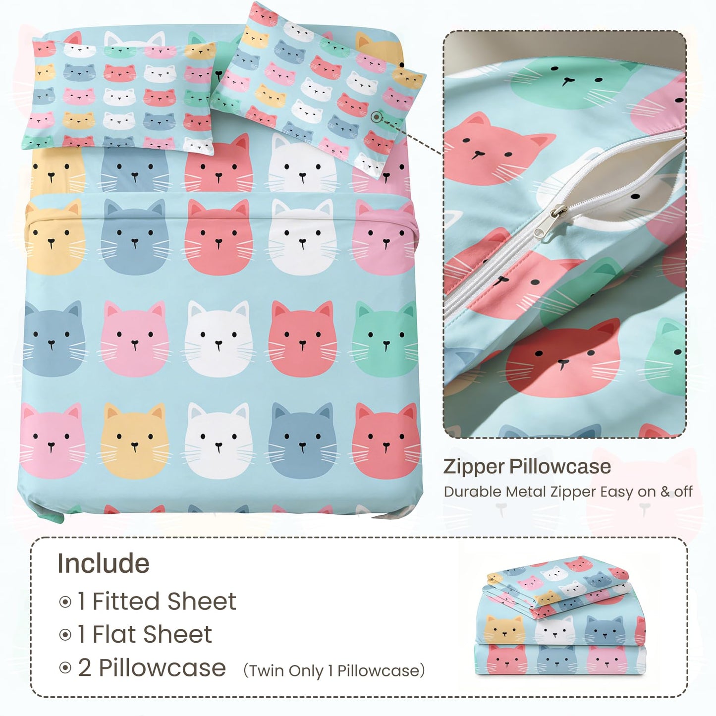Cute Cat Sheet Set, 4 Pcs Full Size Girls Kitten Bed Sheets
