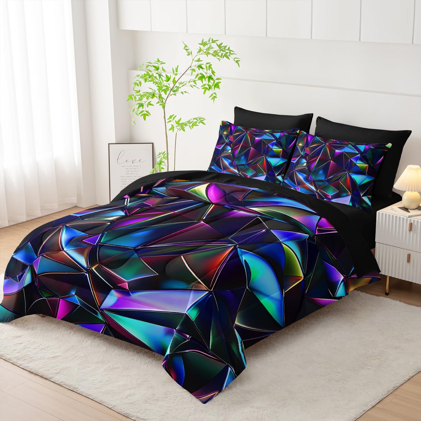 lneffble 7 Piece Purple Geometric Abstract Pattern Comforter Set King Size，Abstract Diamond Print Bedding King，(1 Comforter, 1 Flat Sheet, 1 Fitted Sheet, 2 Pillowcase and 2 Pillow Sham)