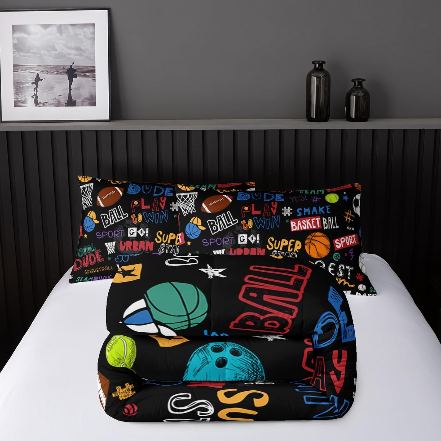 Nttopship Sports Ball Twin Comforter Set,Football Rugby Basketball Bedding Set for Kids Boys Girls Youth Ball Sports Themed Bedroom Decor Bedding Set 3 Pcs Bed in A Bag (1 Comforter, 2 Pillow Case)