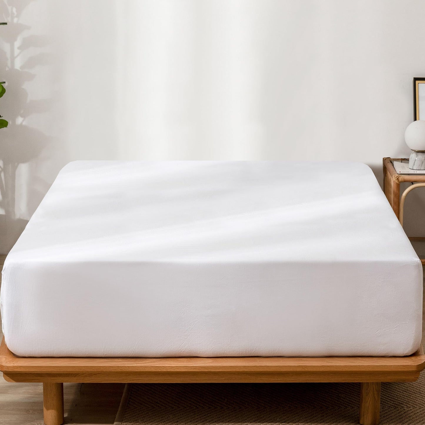 MooMee Fitted Bottom Sheet Only 100% Washed Cotton Linen Like Textured Breathable Durable Soft Comfy Deep Pocket Fits Mattress up to 17" (Bright White, Queen)