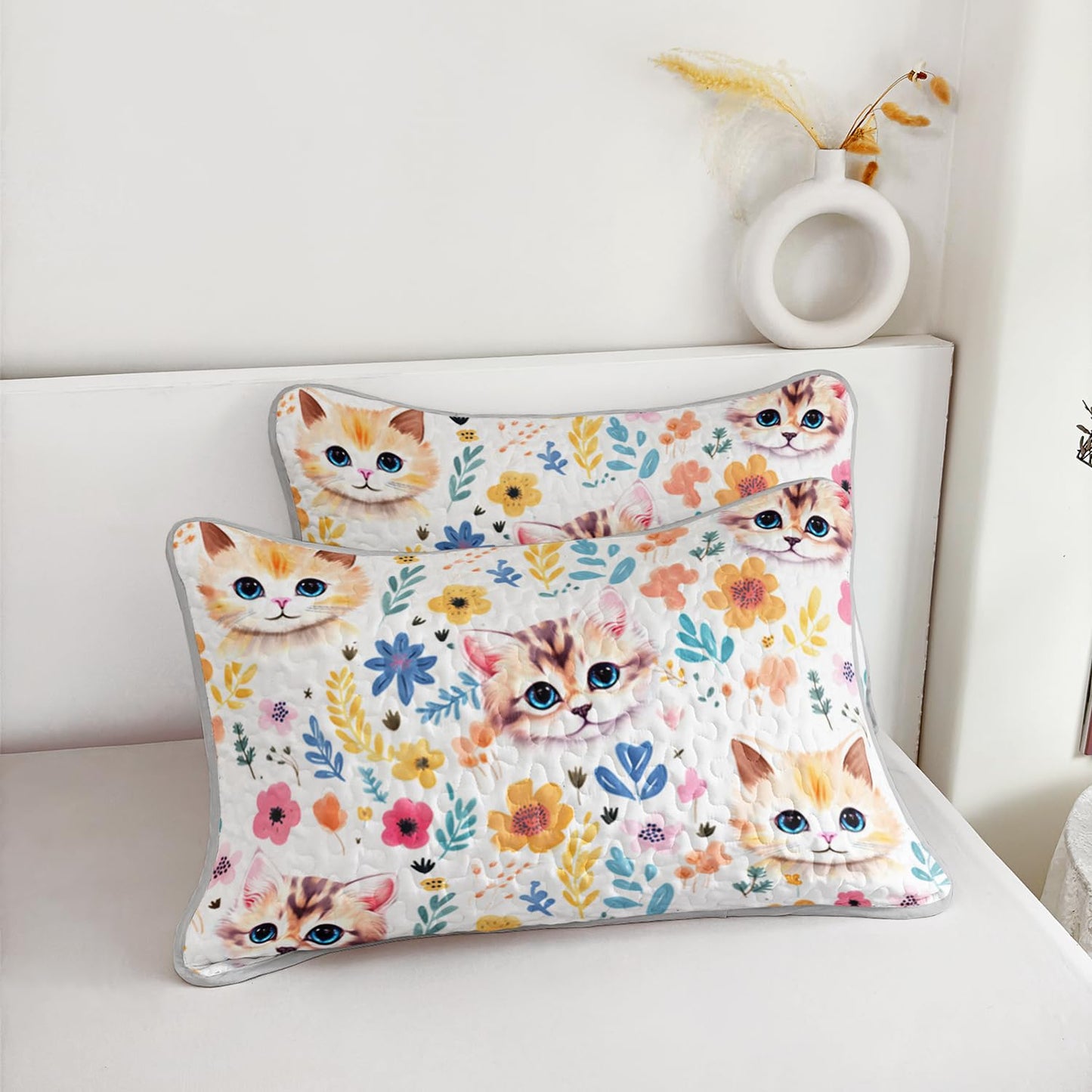 UEVBF Kawaii Cat Quilt Set,Orange Cat Flowers Pattern Bed Set for Toddler Kids Girls Room Decor,Cute Bedding Queen Quilted Sets with 2 Pillowcases.