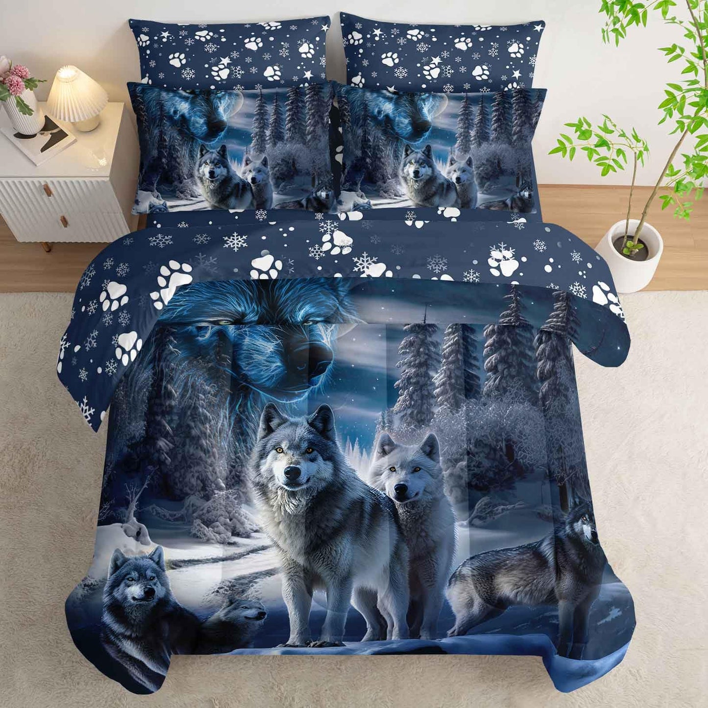 AILONEN Boys Snow Wolf Comforter Set Full Size,7-Piece Bed in a Bag Soft Microfiber for Kids Adults,Safari Wolves Printed Comforter & Fitted Sheet & Flat Sheet & 2 Pillowcases,2 Pillow Shams