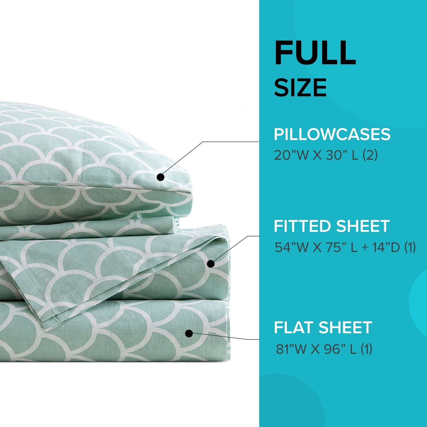 Comfort Spaces 100% Cotton Sheet Set Breathable, Lightweight, Soft with 14" Elastic Pocket Fits up to 16" Mattress, All Season Cozy Bedding, Matching Pillow Case, Full Scales 4 Piece
