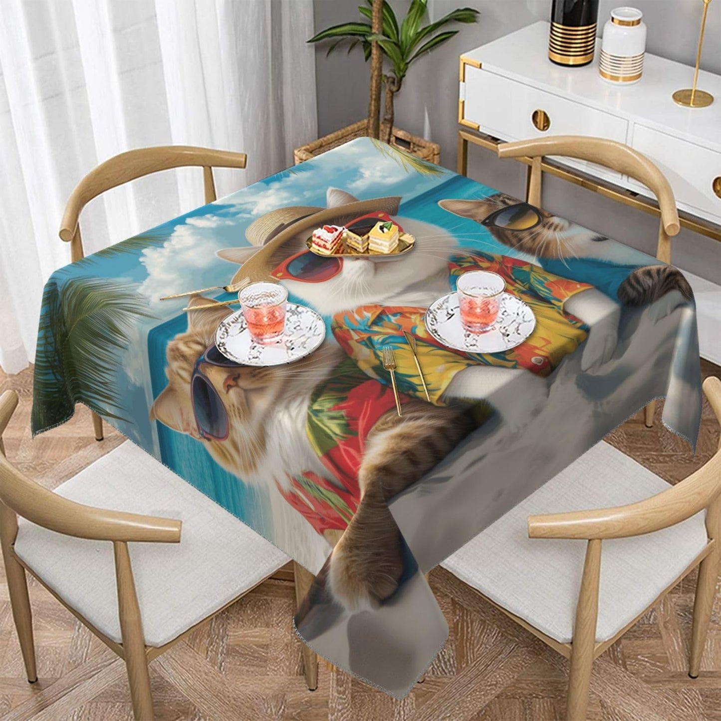 Entemne Square Table Cloth 55x55 Inch Funny Animal Cat Sea Beach Tablecloth Washable Soft Wrinkle Free Dust Proof Card Table Cover for Tea Party Picnic Kitchen Dining Decor