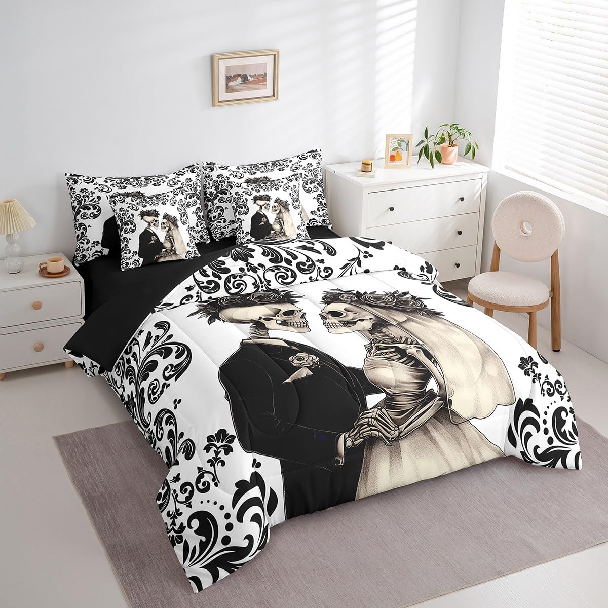 Erosebridal Skull Gothic Queen Bedding Set 7 Piece for Couple Wife Husband,Black White Damask Skull Goth Bed in A Bag,Wedding Anniversary Valentines Day Comforter Set with Sheets Romantic Bed Set