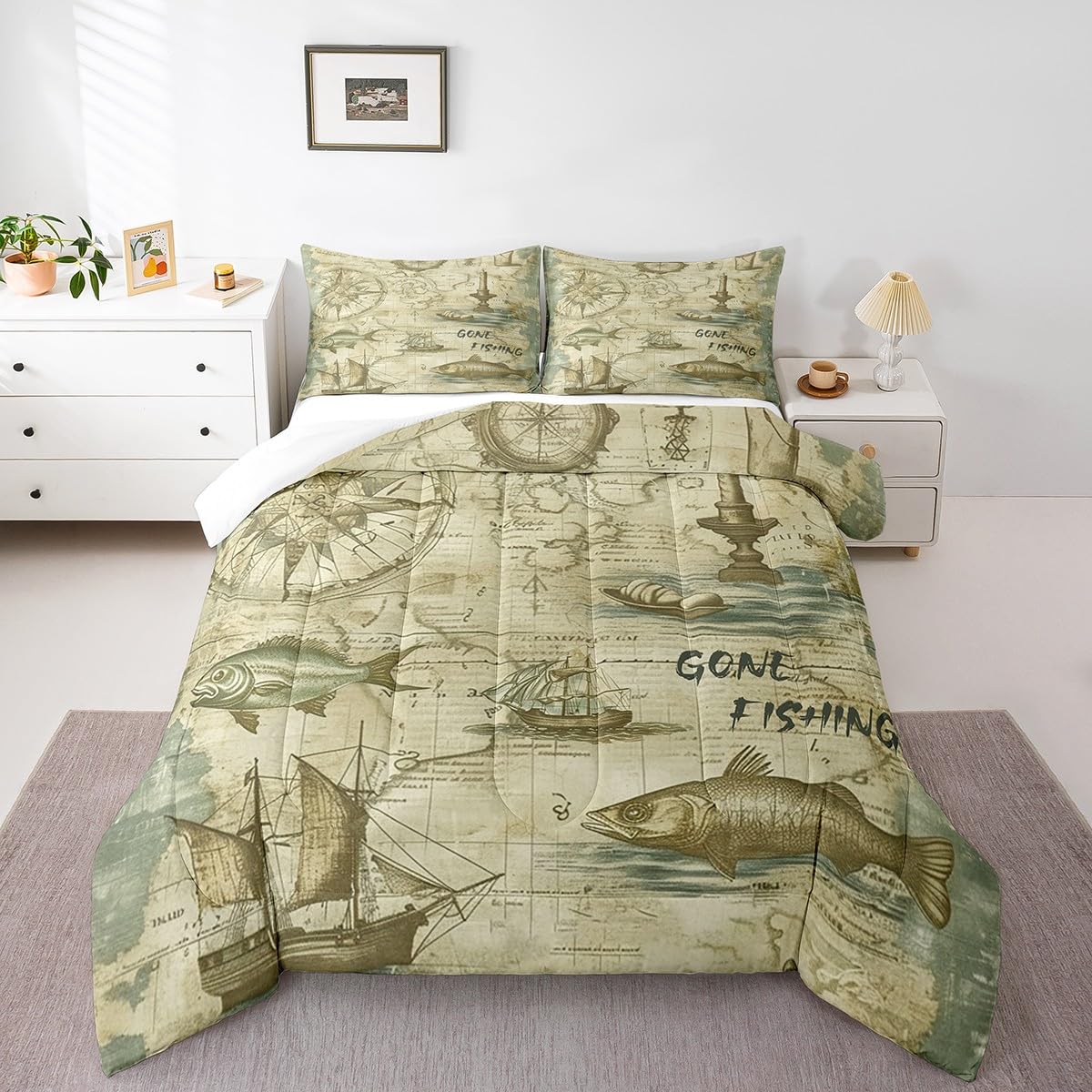 Hunt Fishing Comforter Set Queen Size,Bass Fish and Sailboat Bedding Sets for Boys Men Adult Room Decor,Retro Rustic Farmhouse Down Comforter,Lake House Fishhook Lover Quilted Duvet,2 Pillowcases