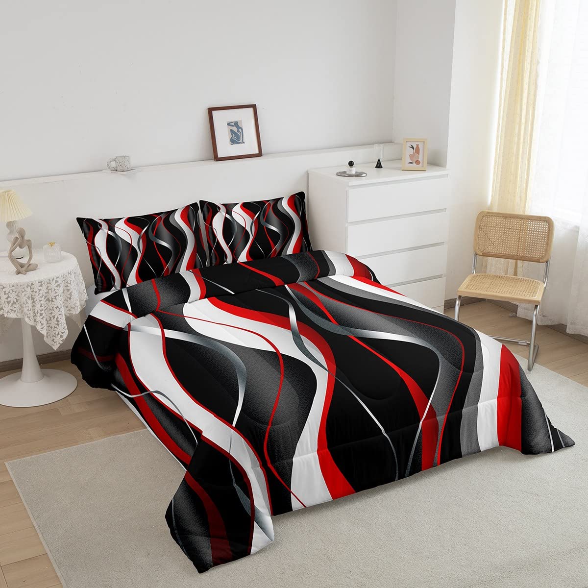 Feelyou Red Grey Black Comforter Set Geometric Spiral Pattern Duvet Set for Kids Boys Girl Modern Abstract Inner Fill Bedding Set Grey White Comforter 1 Comforter Set with 1 Pillowcase Twin Size