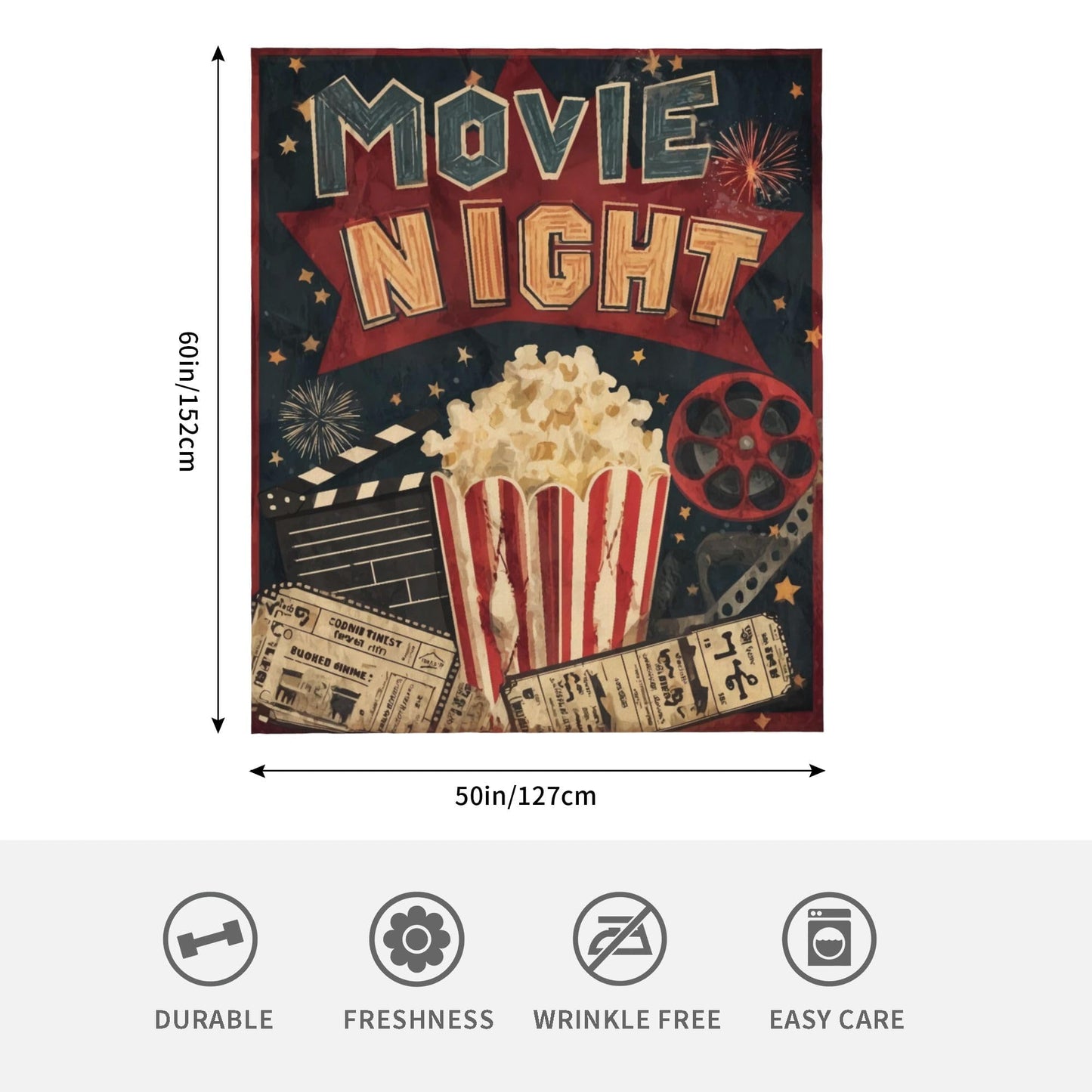 Movie Night Ticket Popcorn Flannel Throw Blanket Soft Cozy Blanket for Living Room Couch Sofa Bed 50 x 60 Inches
