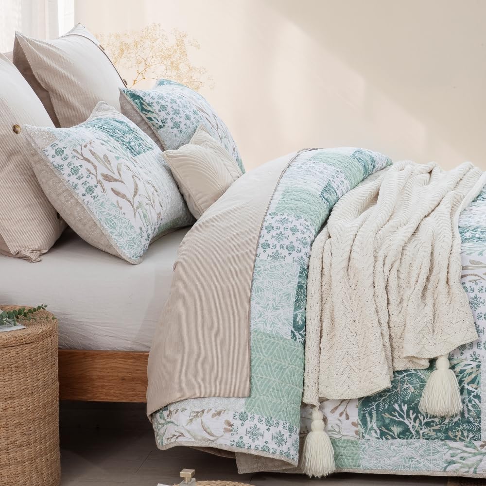 DAUAOTO 100% Cotton Quilt Set Queen Size, Farmhouse Printed Bed Coverlet Reversible Bedspread, Green Neutral Patch Pattern