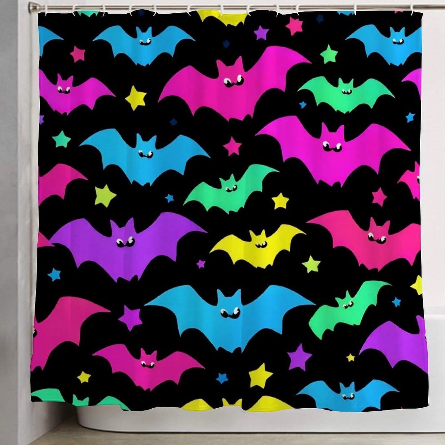 Meaudiwes Fashion Lightweight Shower Curtain Waterproof Bathroom Shower Curtain with 12 Hooks Halloween Cool Neon Bats, 72"x 70"