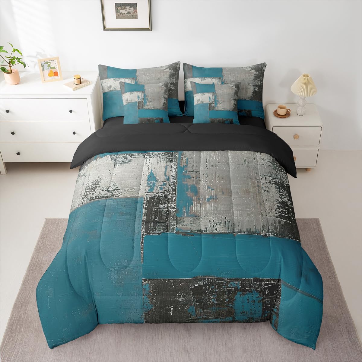 Feelyou Abstract Comforter Set with Sheets 7 Piece King Size Modern Abstract Art Bed in a Bag Kids Boys Girls Luxury Bedding Set Geometric Bedroom Decor Gray Blue Soft Lightweight Microfiber