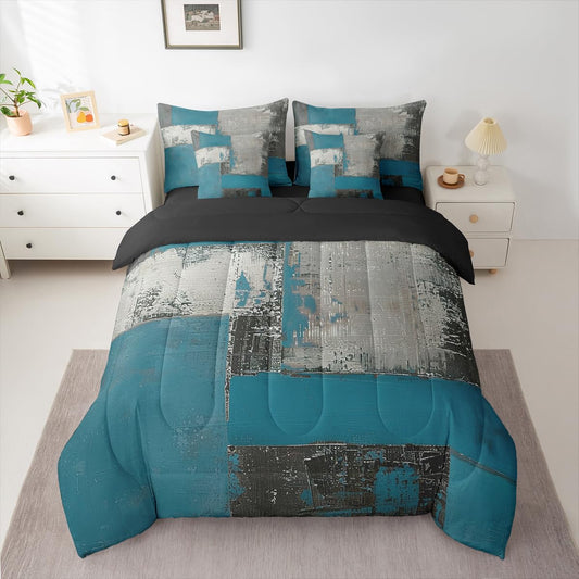 Feelyou Abstract Comforter Set with Sheets 7 Piece King Size Modern Abstract Art Bed in a Bag Kids Boys Girls Luxury Bedding Set Geometric Bedroom Decor Gray Blue Soft Lightweight Microfiber