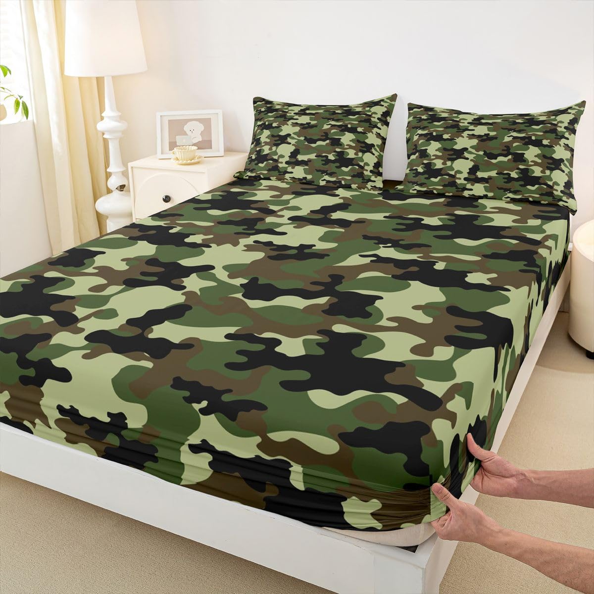 Feelyou Camo Bed Sheets Set Kids Bedding Queen Size Includes 1 Fitted Sheets & 2 Pillowcases (No Flat Sheet)