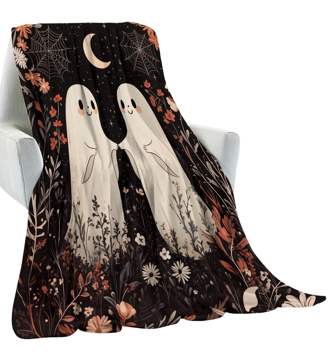 amepay Cute Ghost Under The Moon Blanket Gifts for Kids Adult Girls,Spooky Flannel Throw Blankets,Soft Comfy Lightweight for Home Halloween Couch Bed Sofa Decor,Whimsical Lovers 60x50in