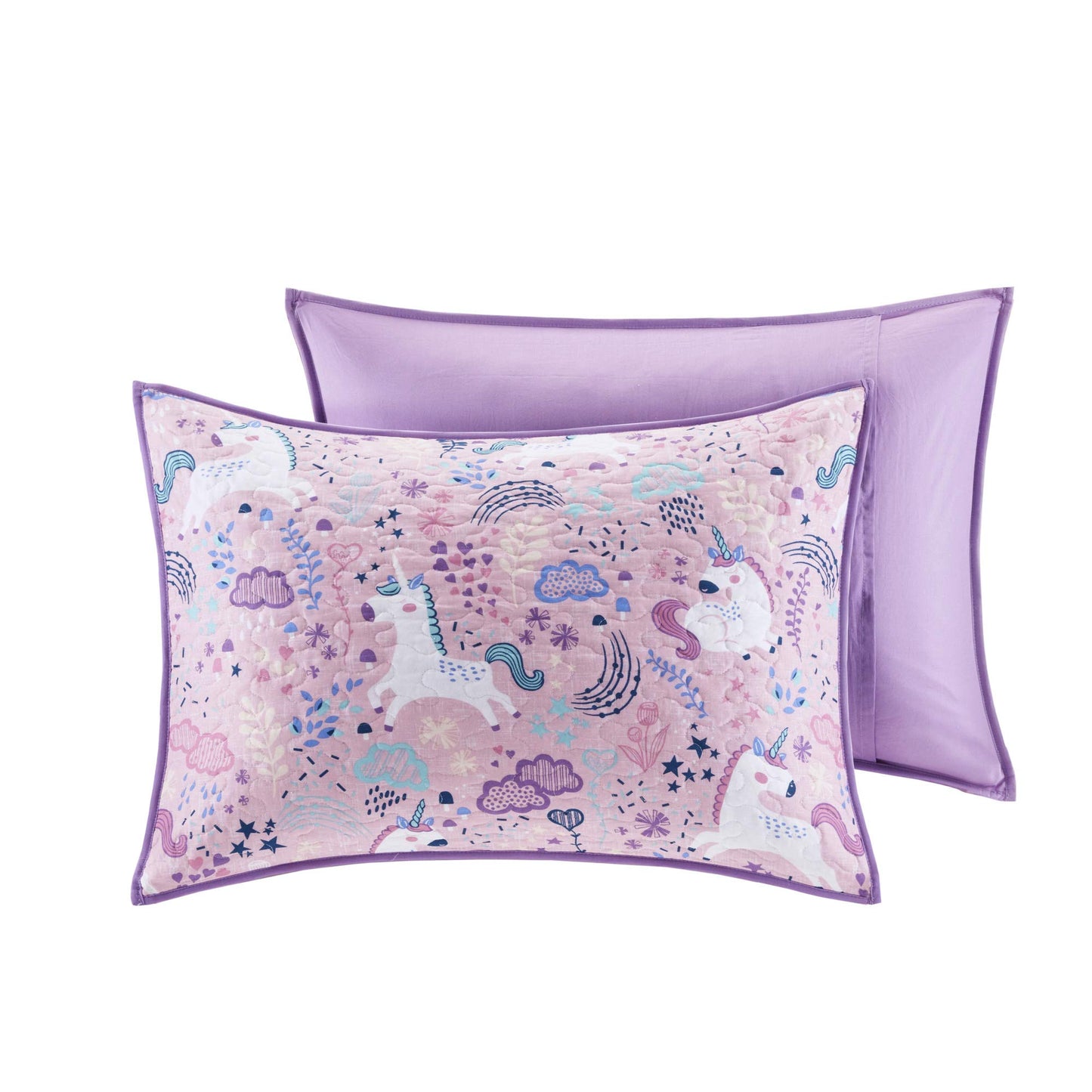 Intelligent Design Kids Reversible Cotton Quilt Set - Vibrant Fun, Playful Print, All Season Children Bedding Coverlet Bedspread, Decorative Pillow, Bedroom Décor, Full/Queen, Unicorn Pink 5 Piece