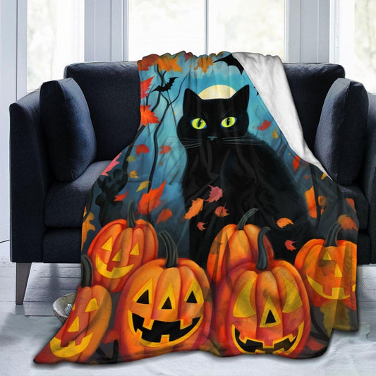 Ouqiuwa Black Cat Throw Blanket Halloween Pumpkin Plush Microfiber Flannel Fleece Blanket 50"x40" for Bed Sofa Couch Camping Travel