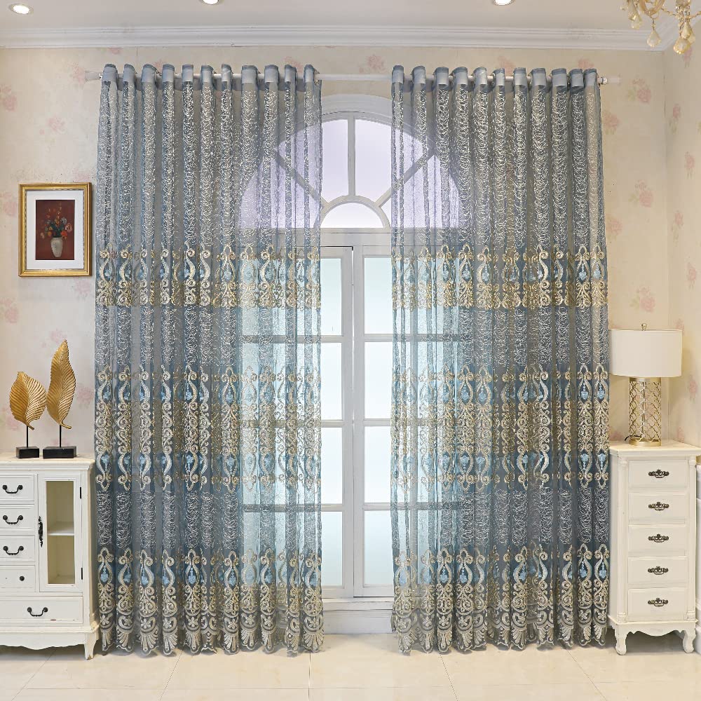 Amidoudou 1 Pair European Jacquard Sheer Curtains Embroidered Tulle Curtains Living Room Bedroom Luxury Translucent Curtains (Blue Grey,51x96 Inch)