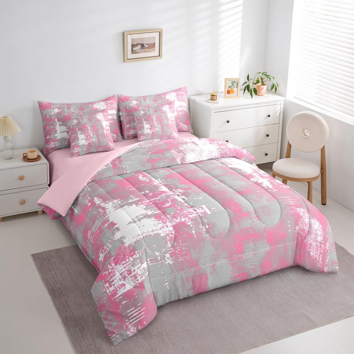 Feelyou Abstract Comforter Set Queen Size 7 Pieces Modern Abstract Art Bedding Set Pink White Bed in a Bag with Comforter, Sheets, Pillowcases, Cushion Covers Luxury Bedroom Decor Geometric