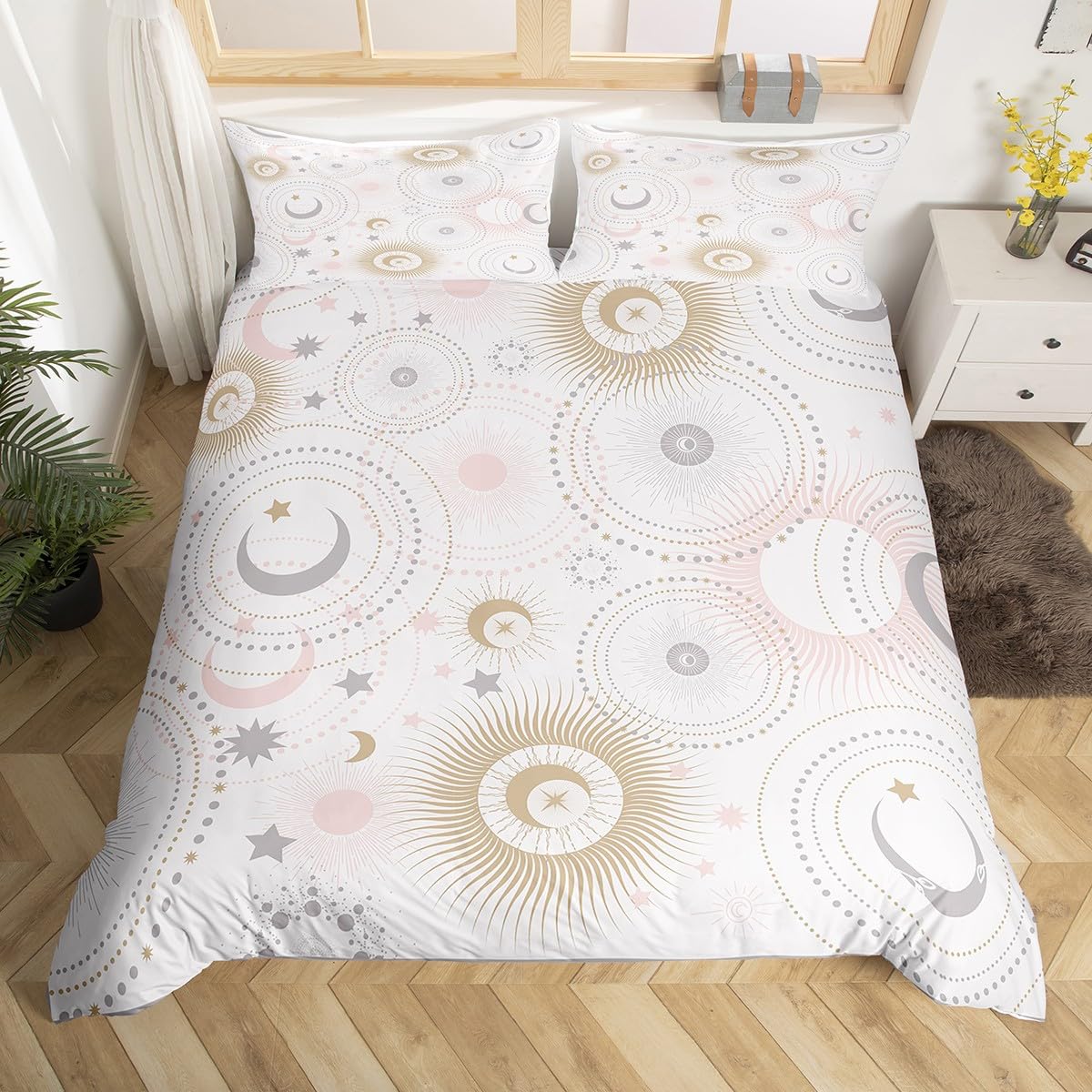 Stars and Moon Kids Duvet Cover Set Full Size,Pink Golden Grey Shiny Planets Comforter Cover with 2 Pillowcases,Romantic Galaxy Universe Bedding Set for Boys Girls Xmas Bedroom (No Comforter)