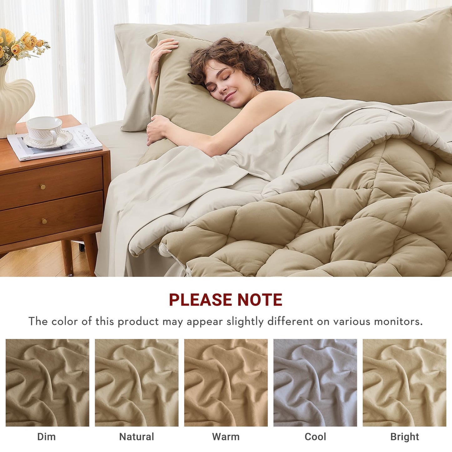 MUXHOMO 7 Pieces California King Comforter Set, Reversible Bed in a Bag Cal King Size, All Season Bedding Set with Comforter, Flat Sheet, Fitted Sheet, Pillowcases & Shams, Khaki & Linen