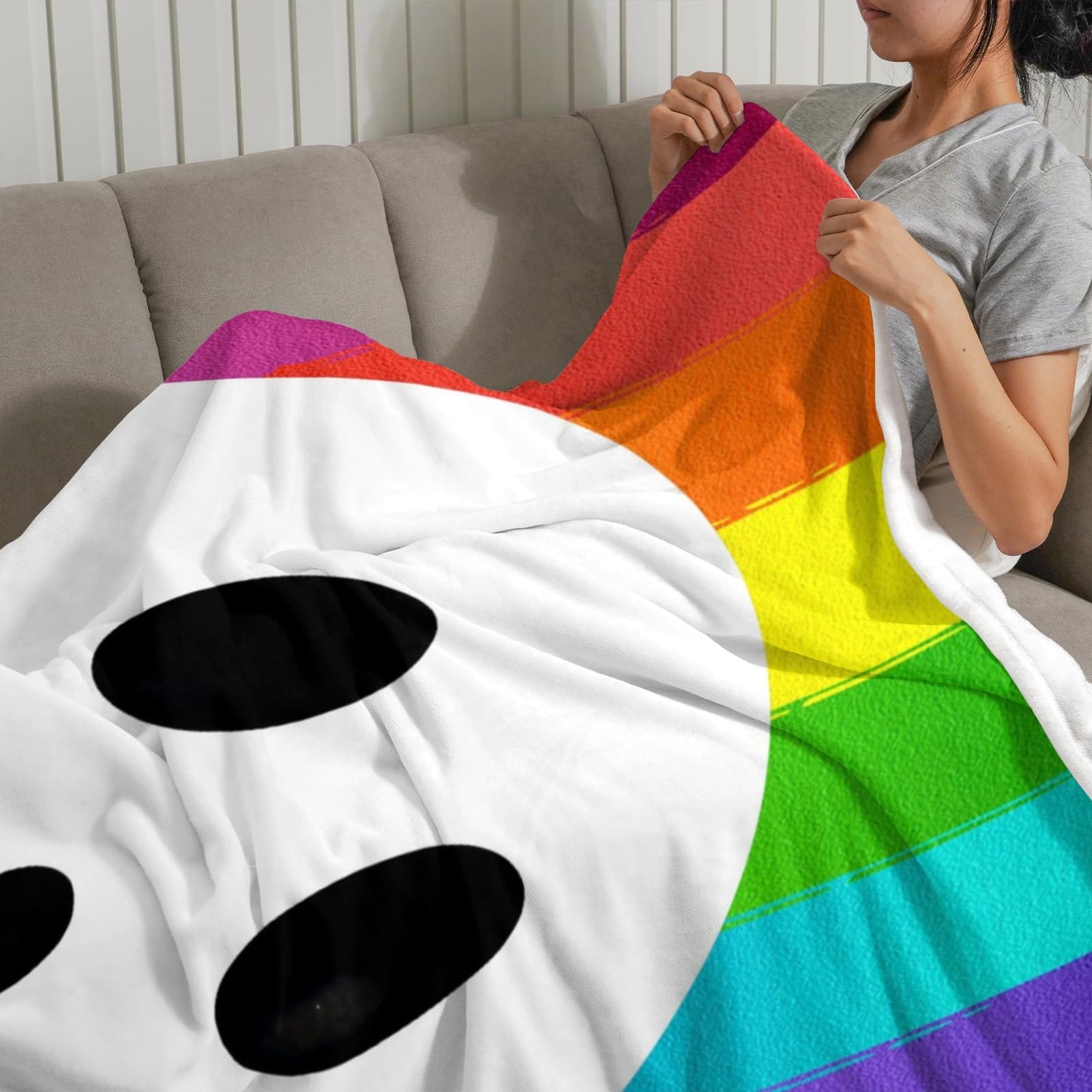CUSFOU Halloween Throw Blanket, Ghost Rainbow, Customizable Blanket with Name, Personalized Flannel Blanket for Couch Sofa, 50 x 60 Inches