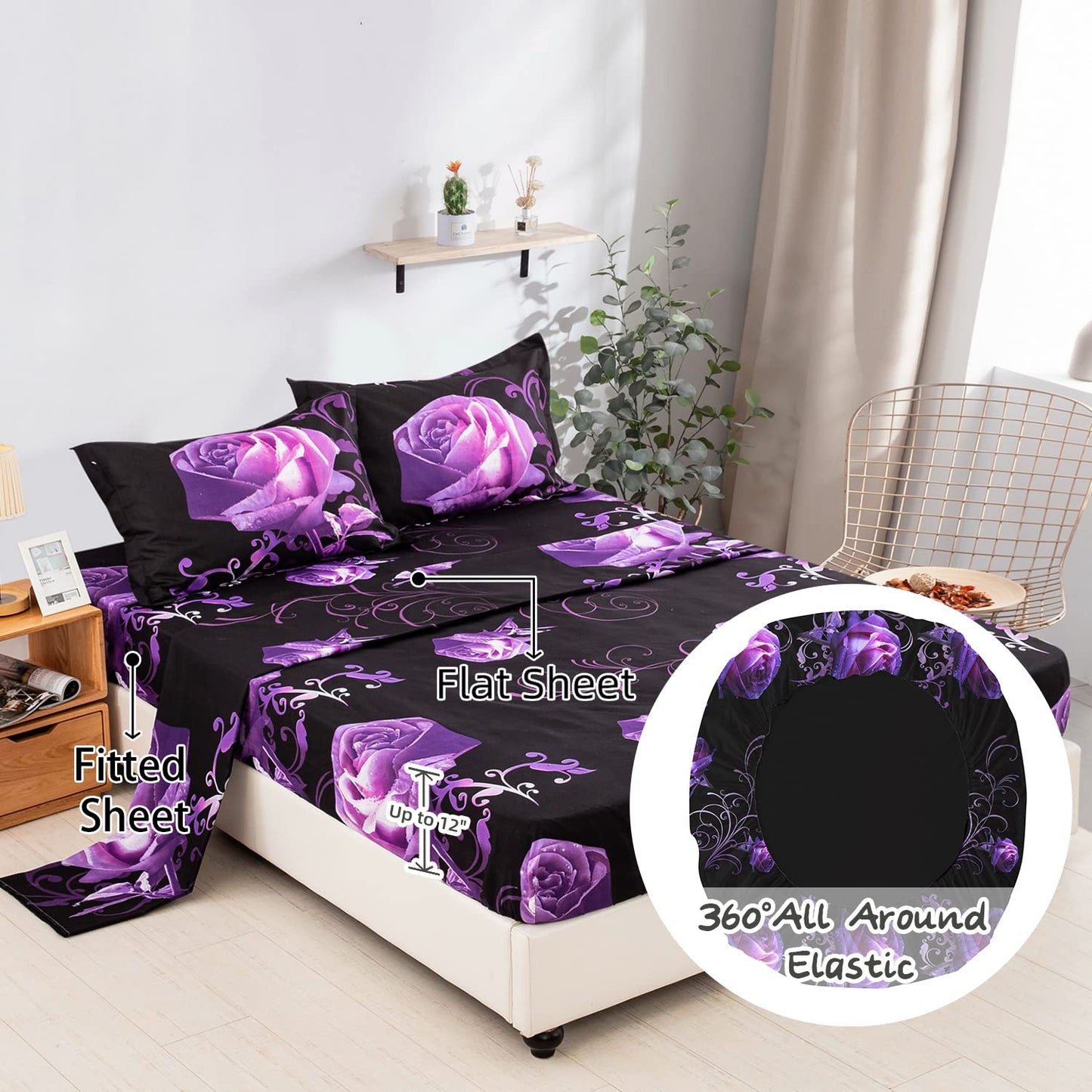 Xruibed Floral Comforter Set King 7 Piece Bed in a Bag Purple Rose Flower Comforter with Sheet Set Soft Micorfiber Bedding Set (1 Comforter,2 Pillow Shams,1 Flat Sheet,1 Fitted Sheet,2 Pillowcases)