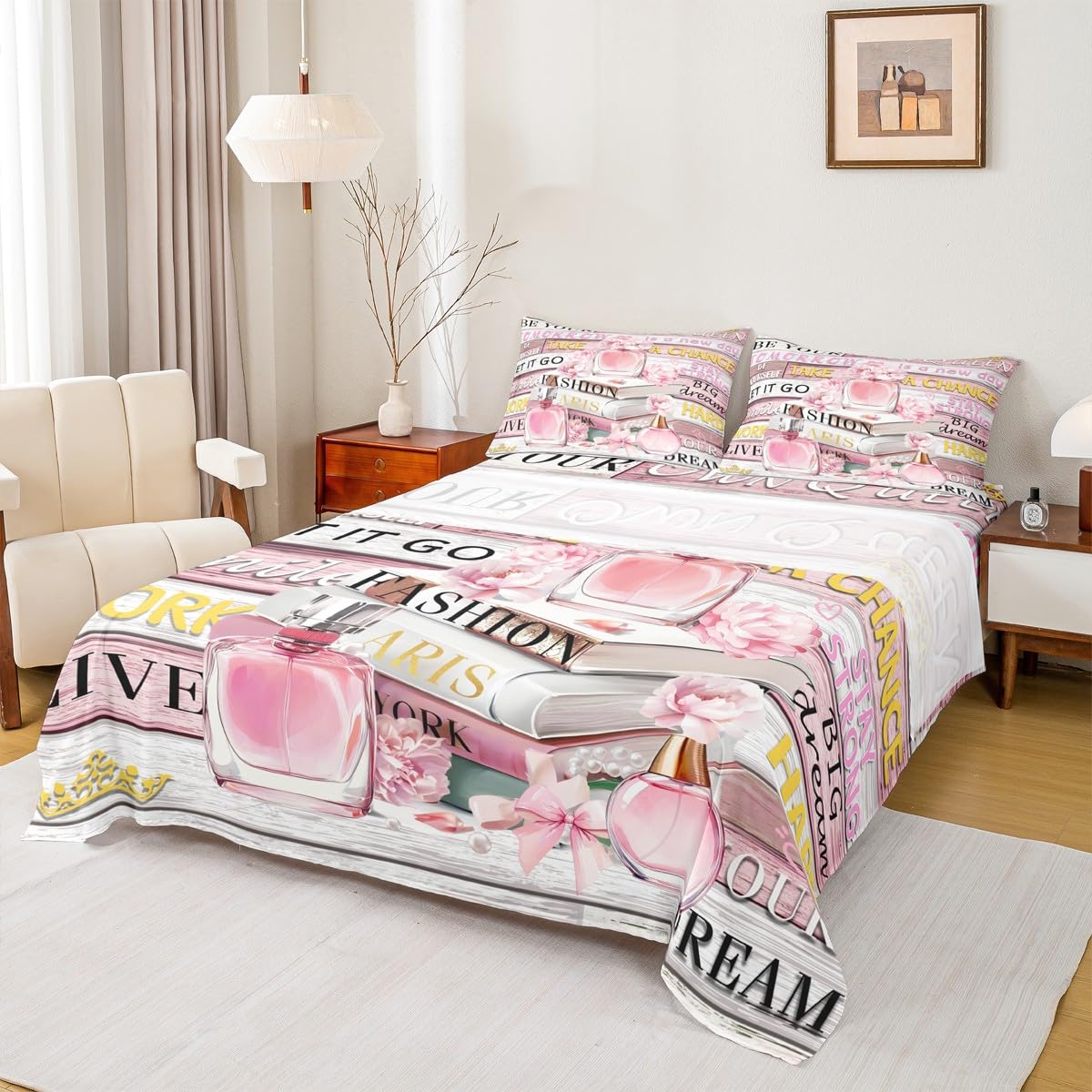 Erosebridal Pink Fashion Sheet Set King Size for Women Girls Kids Girly Aesthetic Modern Sheets Inspirational Quotes Trendy Elegant Coquette Cute Bedding Set Perfume Paris Preppy Pink Bow Bed Sheets
