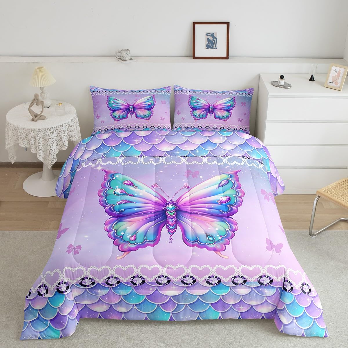 Erosebridal Butterfly Queen Size Bedding Set 3 Piece, Mermaid Scales Down Comforter for Kids Girls Women Room, Kawaii Love Heart Comforter Set, Dreamy Princess Maeine Life Quilt, Purple Blue