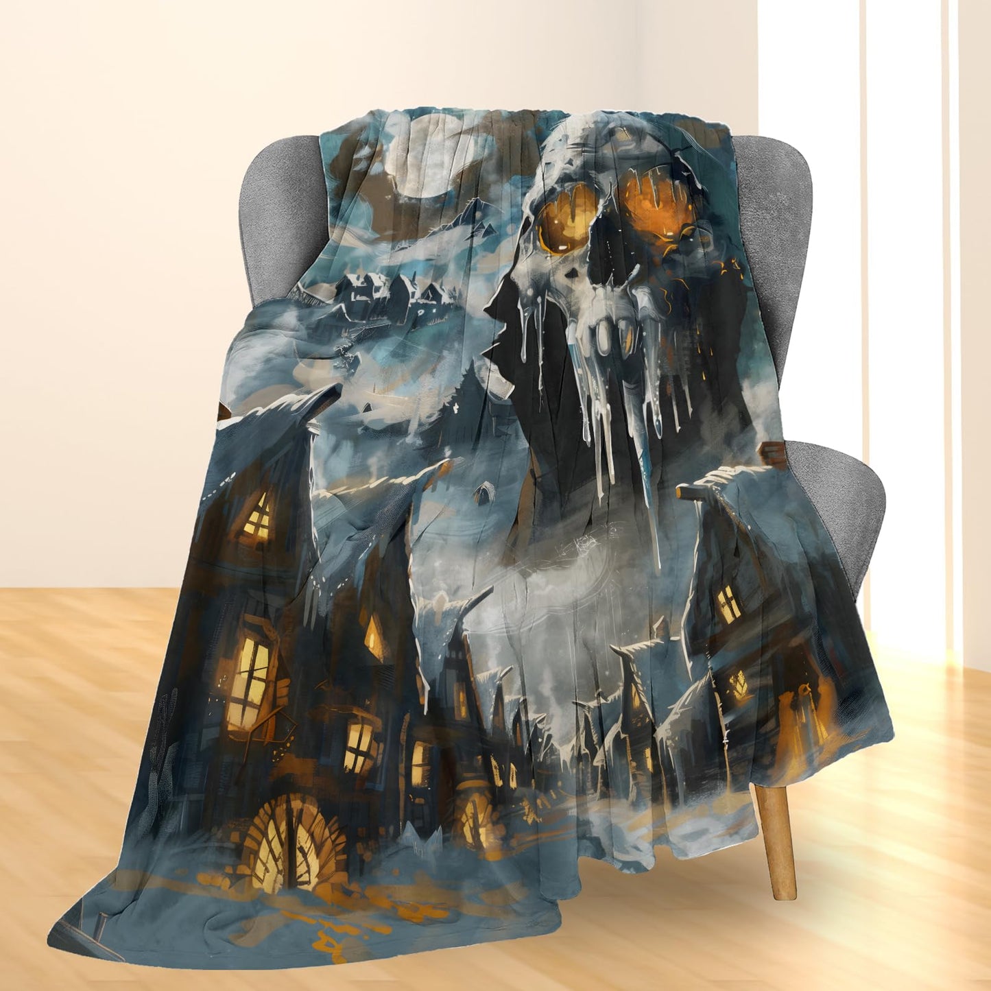 Ti Caldi Haunting Skull & Village Blanket | Soft Warm Fuzzy Lightweight Flannel Throw Blanket for Couch, Bed, Halloween Decor, Travel & Outdoor Use, Cozy Blankets for Adults Women Men 60×50 in