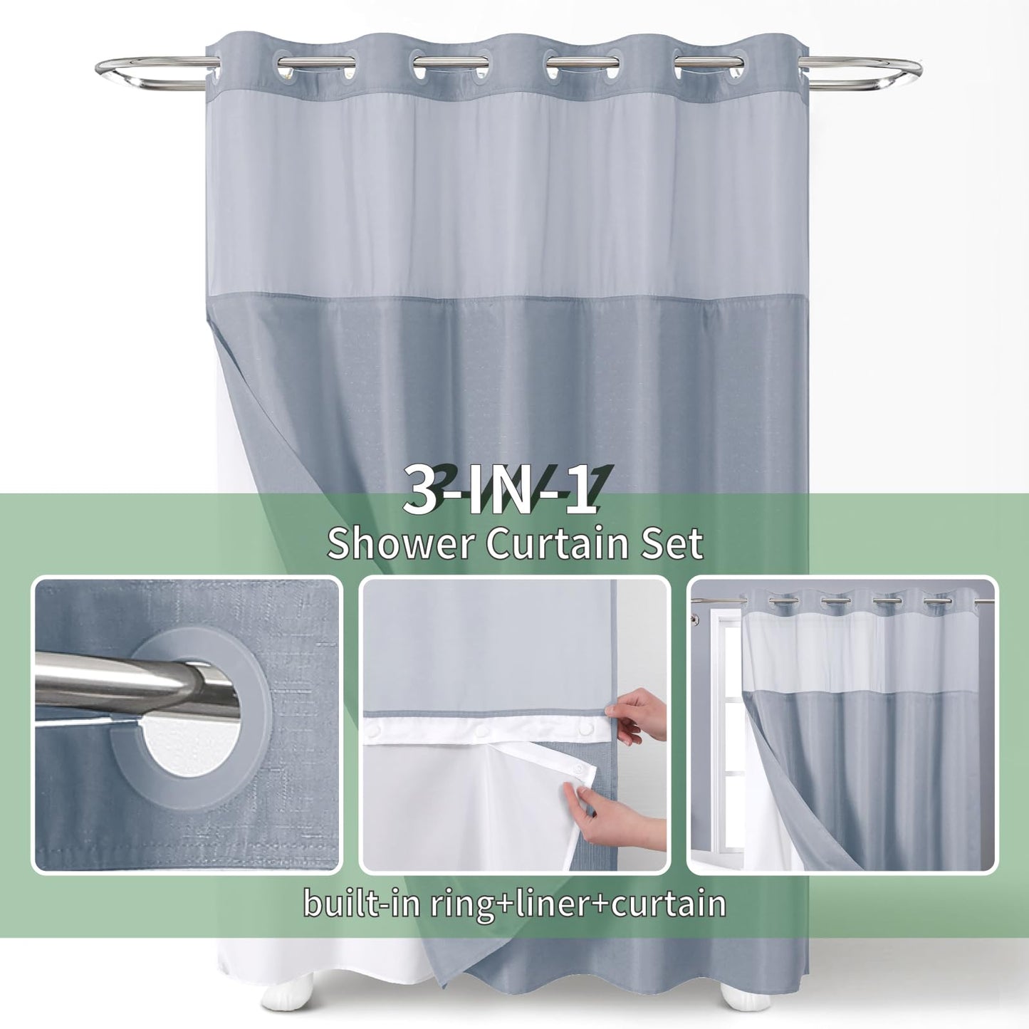 eachope Blue No Hook Shower Curtain with Snap-in Fabric Liner Set,Slub Textured Fabric Shower Curtains for Bathroom,Hotel Style Modern Shower Curtain,Water Repellent & Washable,71x74(72)