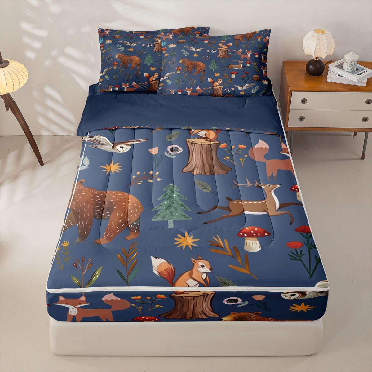 Erosebridal Woodland Animal Zip Up Bedding Set Twin Bear Deer Forest Theme Zipper Comforter Set with Sheets Cartoon Wildlife Hunting Theme Bed in a Bag Rustic Cabin Mushroom Wild Dark Blue Bed Sets