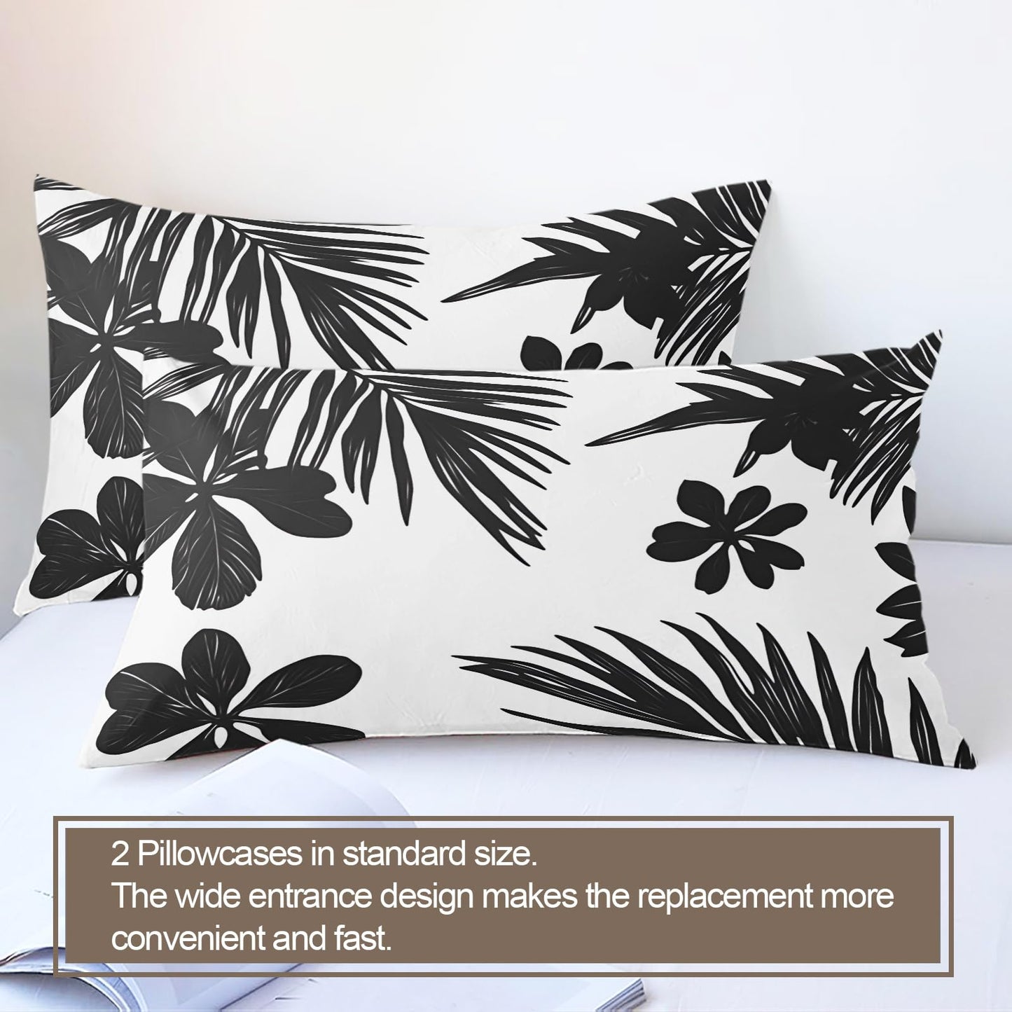 GKPLY Tropical Leaves Bedding Duvet Cover, Black Botanical Comforter Set with Zipper, Black and White Duvet Cover Twin, 3 Pieces with 2 Pillowcases, Reversible Bedding & Bedroom Decor, Easy Care