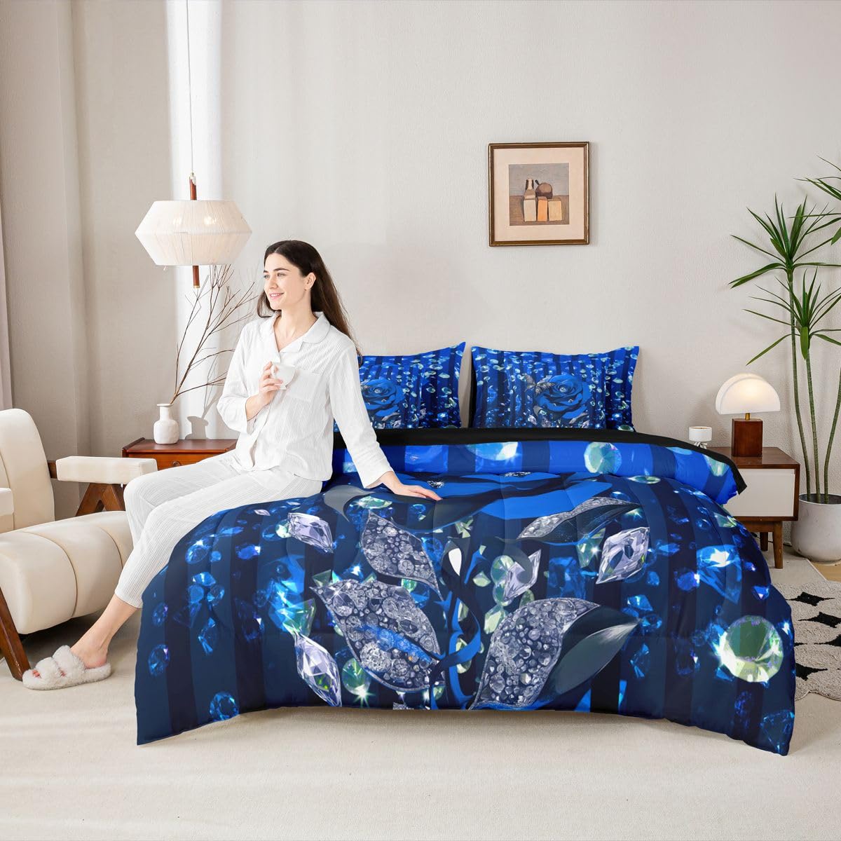 Erosebridal Blue Rose Floral Queen Bedding Set 7 Piece Romantic Valentine Bed in A Bag with Sheets Stripes Diamond Butterflies Comforter Set for Women Men Adults,Lovers Modern Fashion Bed Sets