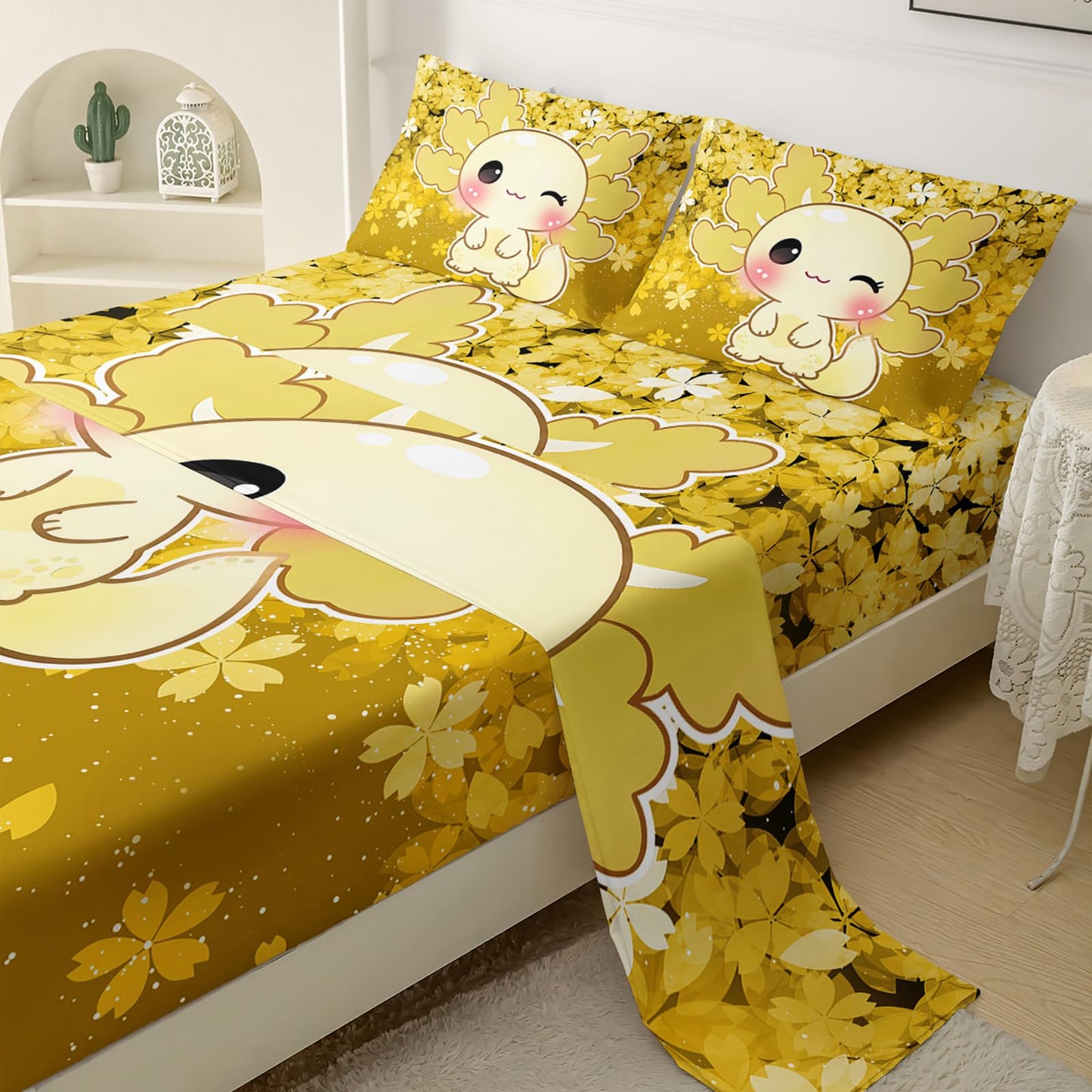 QOOMO Cartoon Animals Kids Sheet Set Queen Size,Kawaii Axolotl Print Bedding Set Lightweight All Seasons,Yellow Sets for Room Decoration,1 Fitted Sheet,1 Flat Sheet,2 Pillow Cases