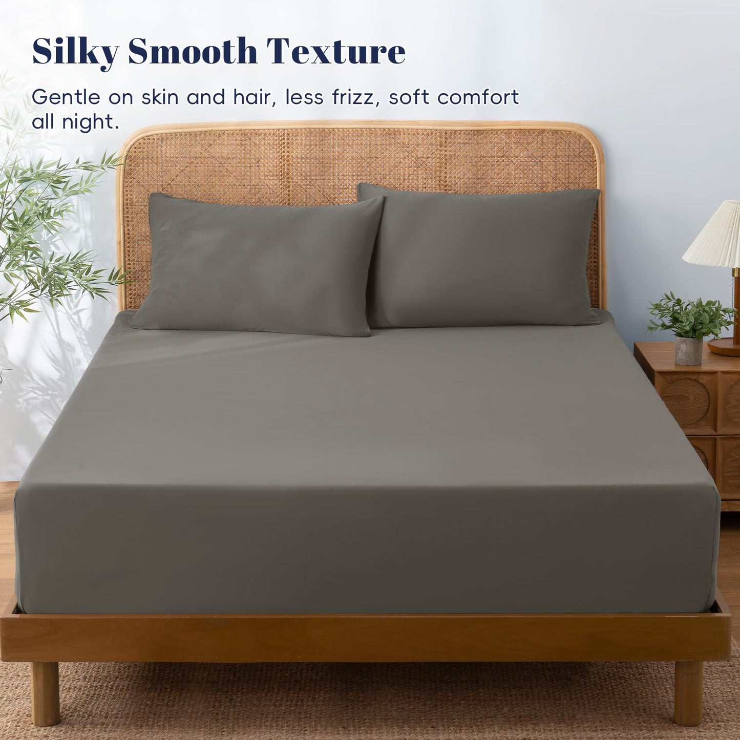 PHF Cooling Fitted Sheet Set Queen Size for Hot Sleepers, Q-Max > 0.4, Silky Soft & Breathable, Ideal for Night Sweats & Summer, 1 Fitted Sheet & 2 Pillowcases, Fits Up to 16", Charcoal Grey