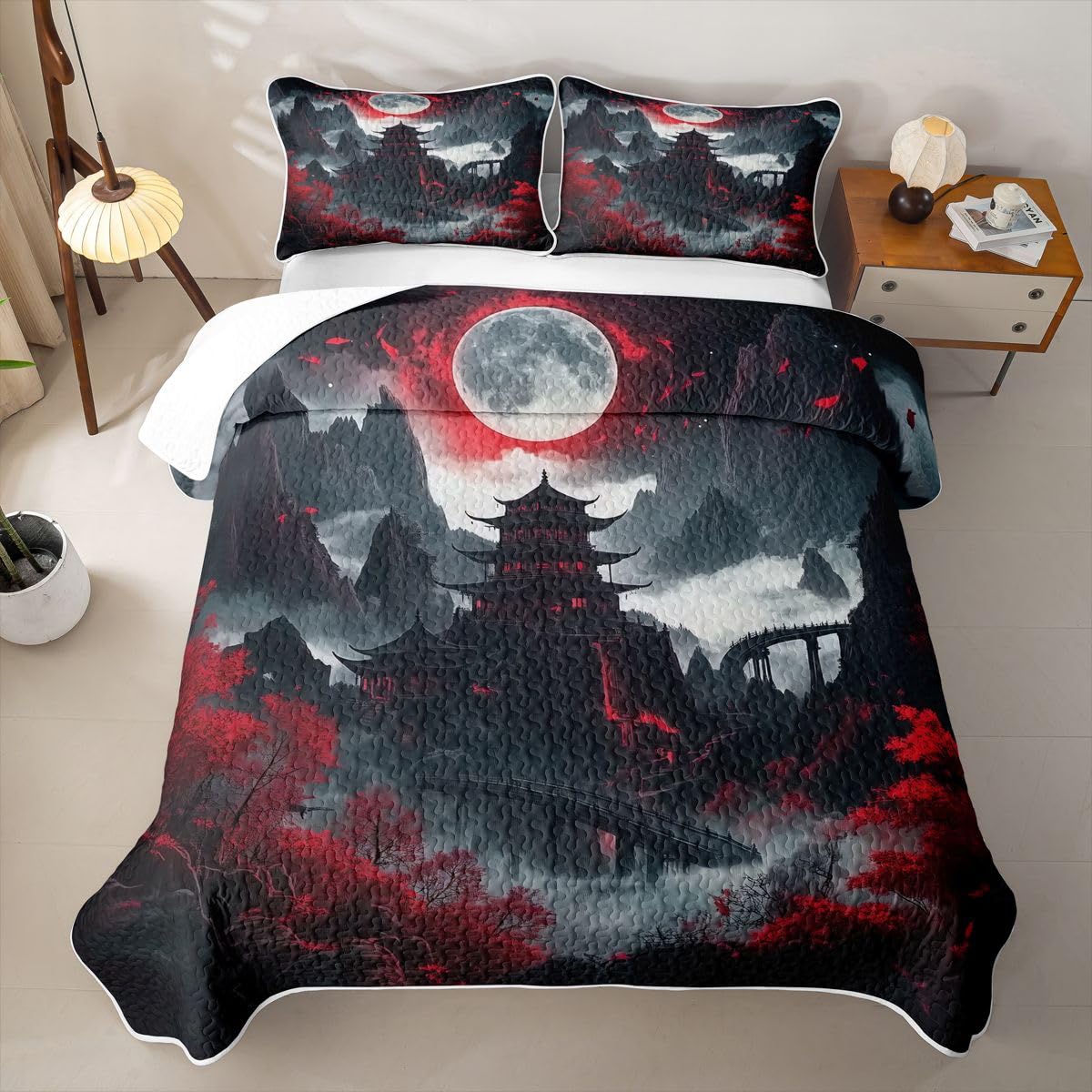 Erosebridal Japanese Anime Twin Quilt Bedding Set Moon Cherry Blossom Summer Lightweight Bedspread Vintage Nature Mountain Coverlet for Kids Adults Red Black Quilted Comforter 2 Pieces